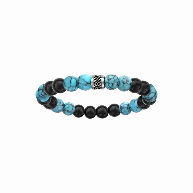 Bracelet en acier perles bois noires et turquoise imitation motif patine