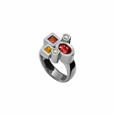 Bague Tournaire Marelie N°2 en or blanc palladié, saphirs, rubis et diamants