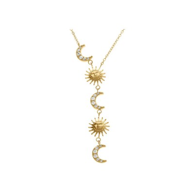 Collier acier doré forme cravate lunes et soleils oxydes blancs 42+5cm