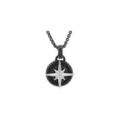 Collier acier pendentif rond patiné étoile du nord 50cm + 5 + 5cm