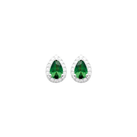 Boucles d'oreilles en argent rhodié, oxydes de zirconium et pierre de couleur