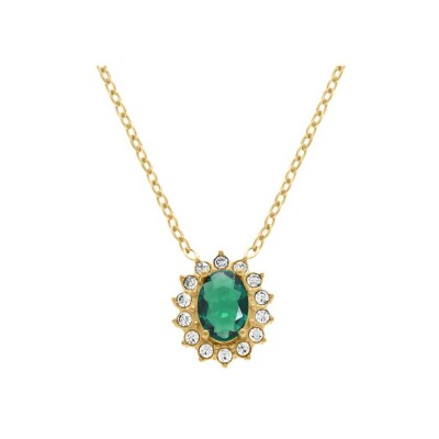 Collier acier doré pendentif oxyde vert contour oxydes blancs 38+5cm