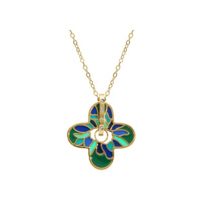 Collier acier doré stella mia forme fleur 25mm résine vert et bleu 45+10cm