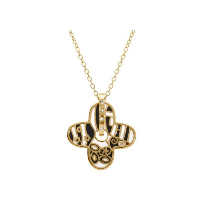 Collier acier doré stella mia forme fleur 25mm résine blanche et noire 45+10cm