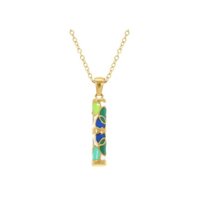 Collier acier doré stella mia forme tube 25mm x 5mm fond résine blanche et rond résine vert bleu et jaune 45+10cm