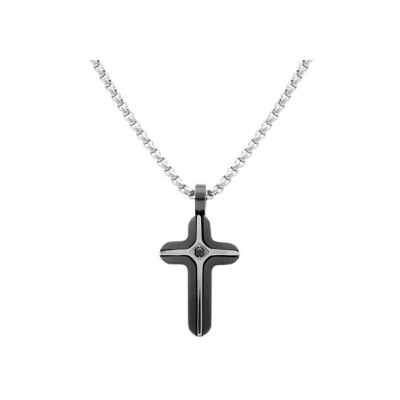 Collier acier pvd noir croix 25mm 1 oxyde bleu 45+6cm