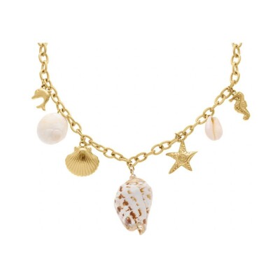 Collier acier doré pampilles theme mer et coquillages 42+5cm