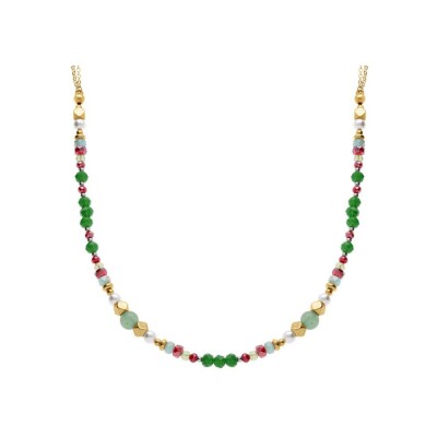 Collier acier doré boules 4mm verre faceté perles imitation et aventurine 6mm véritable 40+10cm