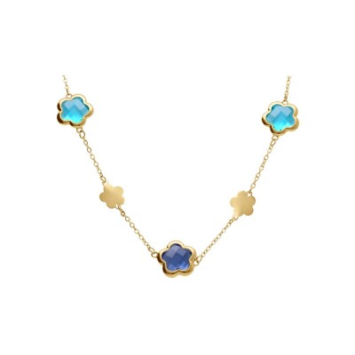Collier acier doré pastilles fleur et oxydes forme fleur bleu clair 40+5cm