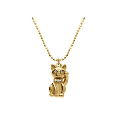 Collier acier dore pendentif chat 17mm oxydes blancs sertis 40+5cm