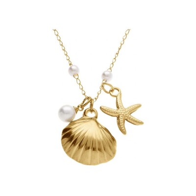 Collier acier doré coquillage, étoile de mer et perles blanches imitation 41.5+5.5cm
