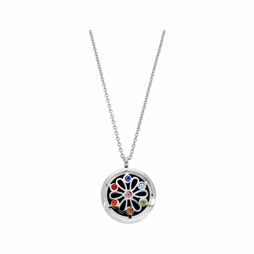 Collier senteur en acier fleur de vie 7 chakras avec 12 mousses interchangeables couleurs assorties réglable 45 à 65cm