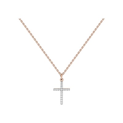 Collier motif croix en plaqué or rose et oxydes de zirconium