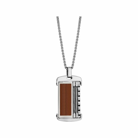 Collier en acier pendentif bois avec câble gris 50+5cm