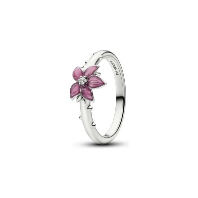 Bague Disney X Pandora Mulan Fleur de Cerisier en métal plaqué platine, oxyde de zirconium et émail, taille 54