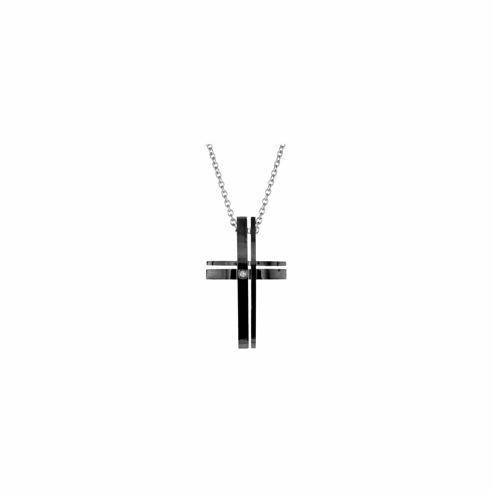 Collier en acier chaînette pendentif croix pvd noir 50+5cm