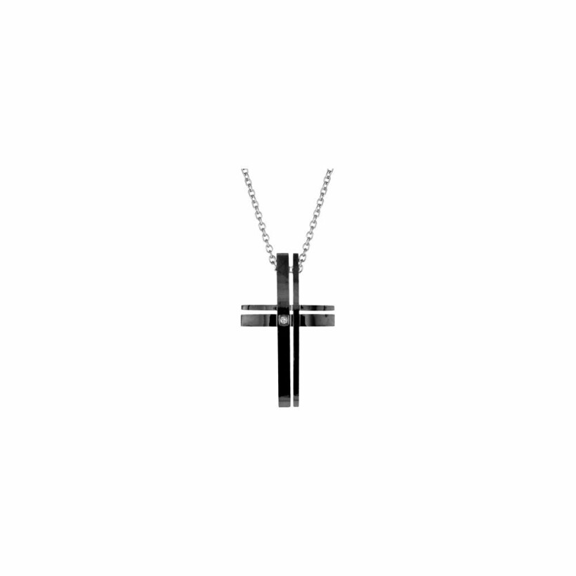 Collier en acier chaînette pendentif croix pvd noir 50+5cm