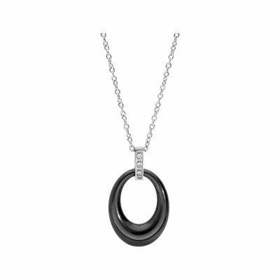 Collier acier pendentif ovale céramique noire et barette 3 oxydes blancs 42+3cm