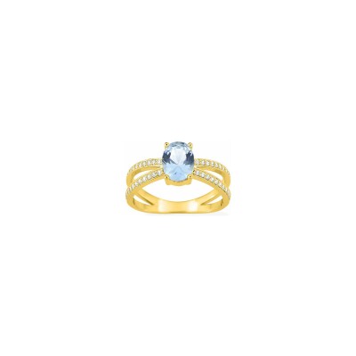 Bague en plaqué or et oxyde de zirconium bleu ciel et blanc