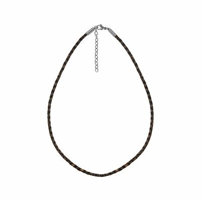 Collier cordon cuir bovin tressé marron fermoir mousqueton acier 45cm + 5cm