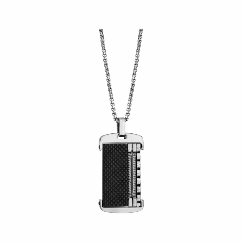 Collier en acier pendentif pvd noir avec câble gris 50+5cm