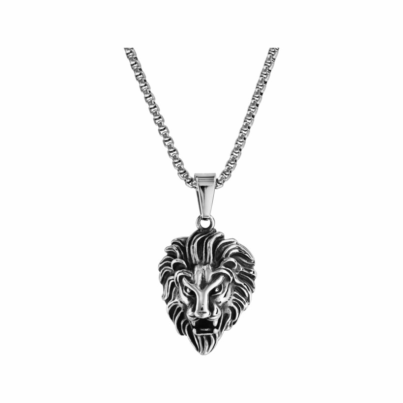 Collier en acier pendentif tête de lion patine 55cm