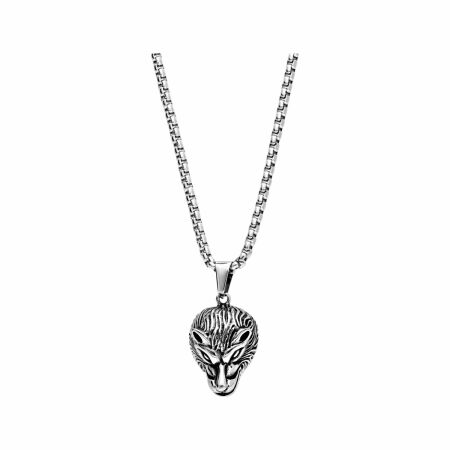 Collier en acier pendentif tête de loup patine 55cm