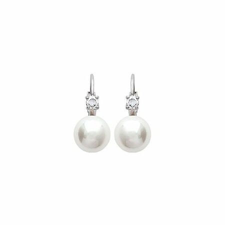 Boucles d'oreilles en argent rhodié, oxydes de zirconium et perle d'imitation