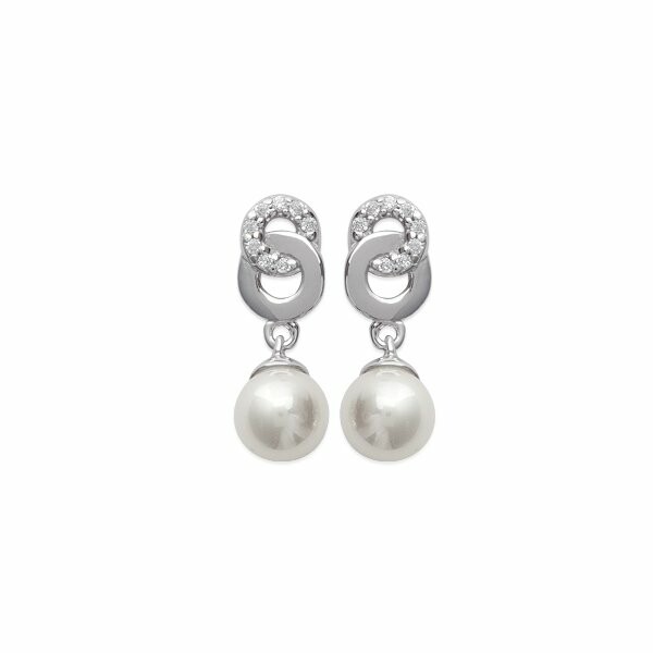 Boucles d'oreilles en argent rhodié, oxydes de zirconium et perle d'imitation