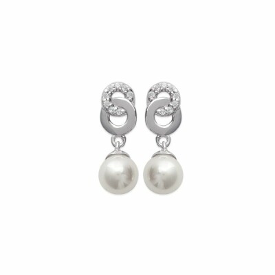 Boucles d'oreilles en argent rhodié, oxydes de zirconium et perle d'imitation