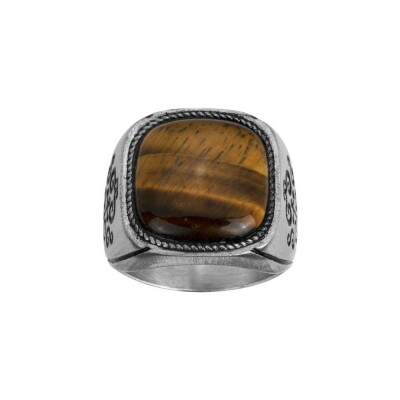 Bague Phebus en acier et œil de tigre synthétique, taille 68