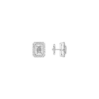 Boucles d'oreilles Messika Joy taille émeraude en or blanc et diamant, petit modèle