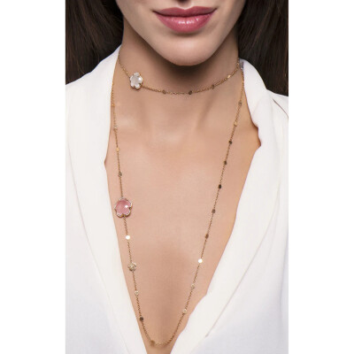Pasquale Bruni Bon Ton lange ketting, roségoud, roze melkkwarts, kwarts en diamanten