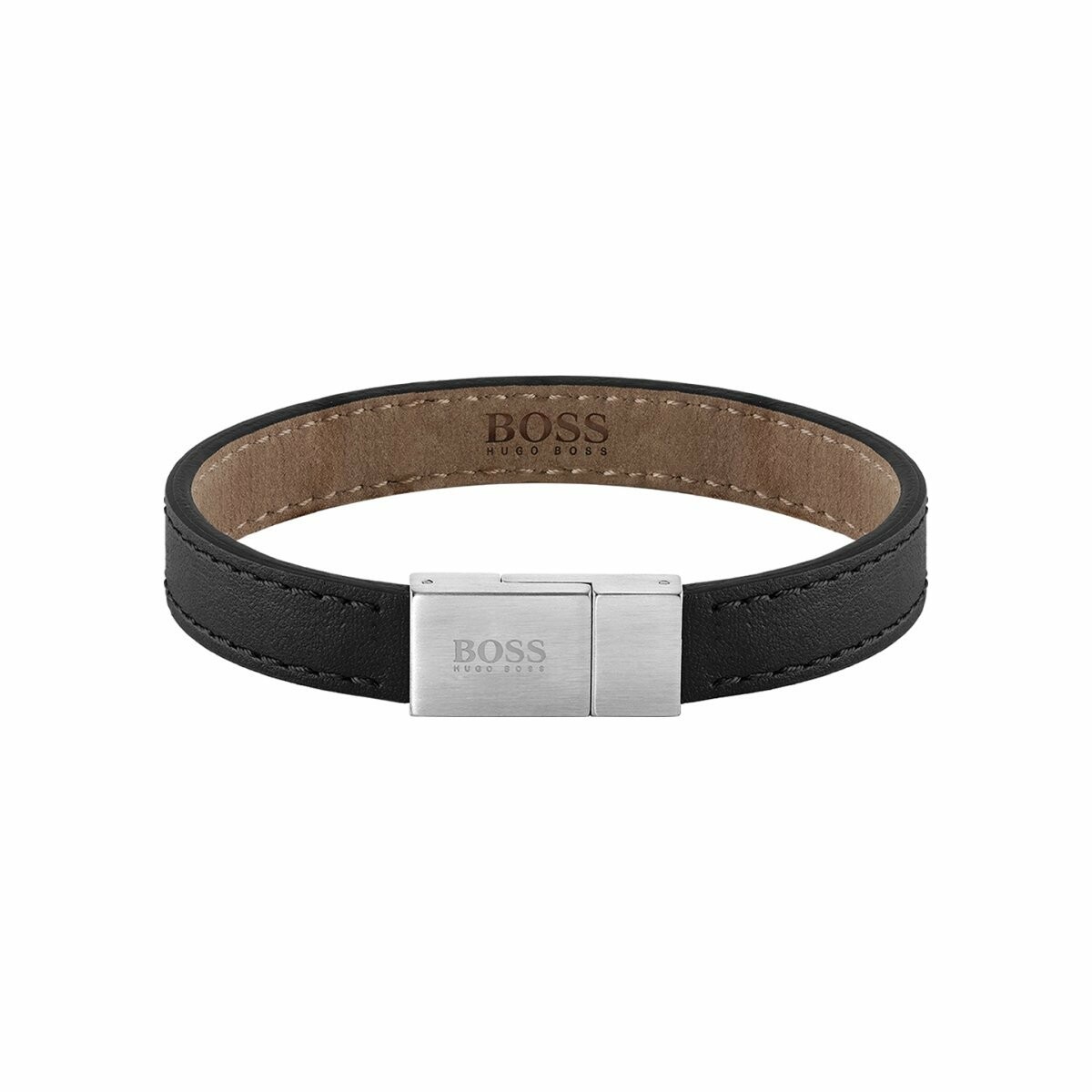 Bracelet BOSS Leather Essentials en cuir noir et acier, taille M