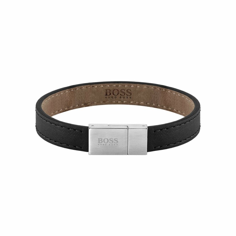 Bracelet BOSS Leather Essentials en cuir noir et acier, taille M