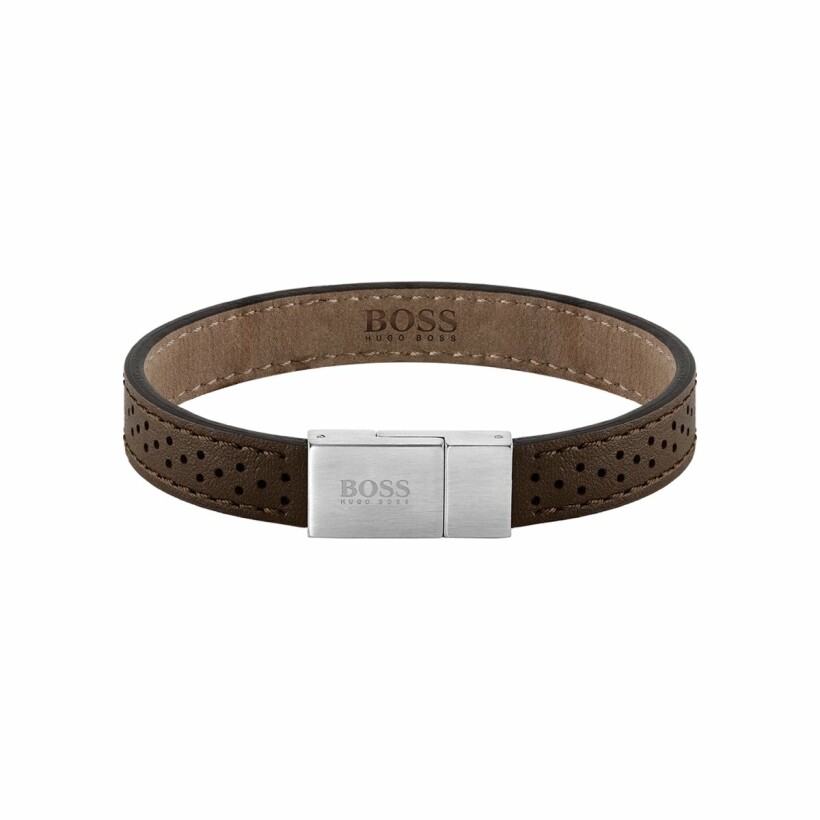 Bracelet BOSS Leather Essentials en cuir brun et acier, taille M