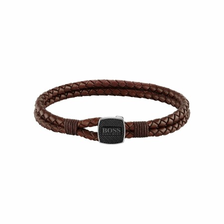 Bracelet BOSS Seal en cuir brun et acier, taille M