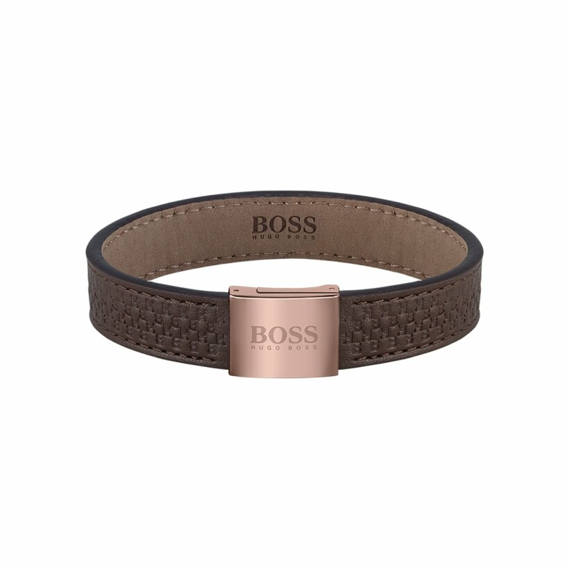 Bracelet BOSS Monogram en cuir brun et métal doré rose
