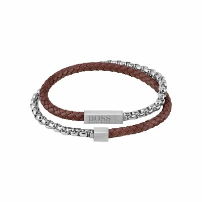 Bracelet BOSS Blended en cuir marron et acier, taille M