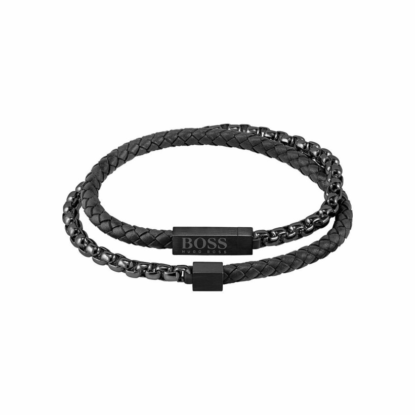 Bracelet BOSS Blended en cuir noir et acier PVD