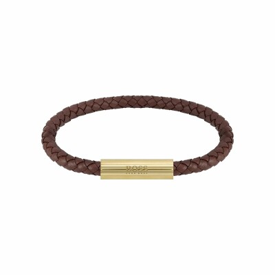 Bracelet BOSS Braided Leather en cuir brun et métal doré