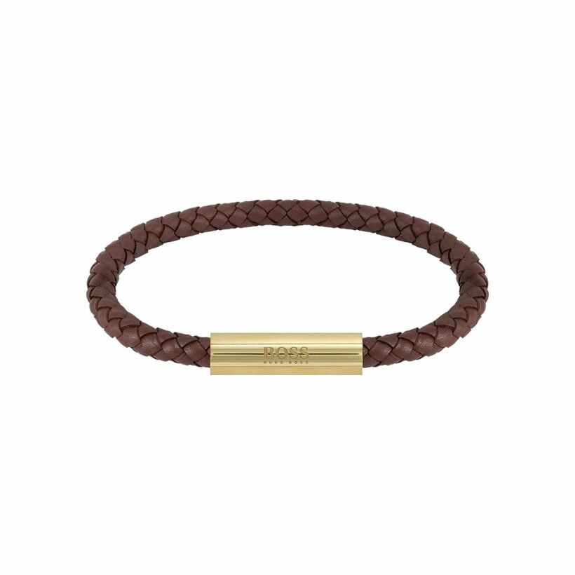 Bracelet BOSS Braided Leather en cuir brun et métal doré
