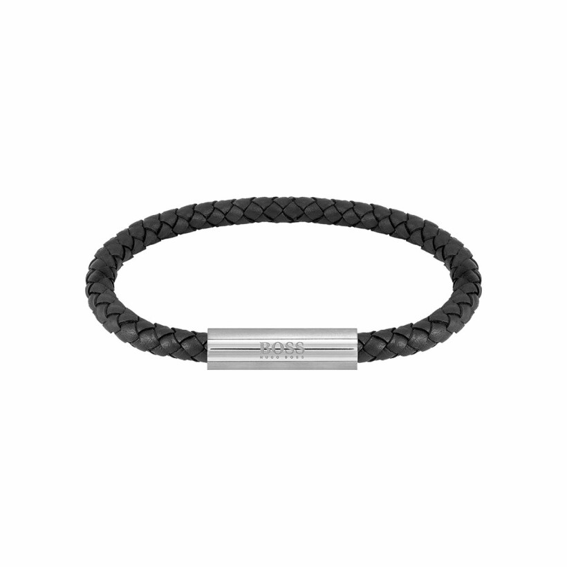 Bracelet BOSS Braided Leather en cuir noir et acier