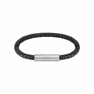 Bracelet BOSS Braided Leather en cuir noir et acier