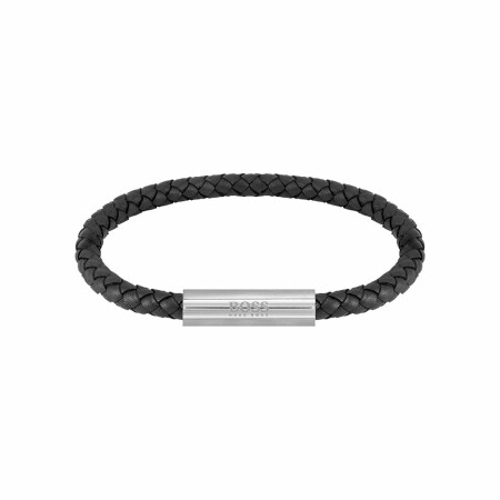 Bracelet BOSS Braided Leather en cuir noir et acier