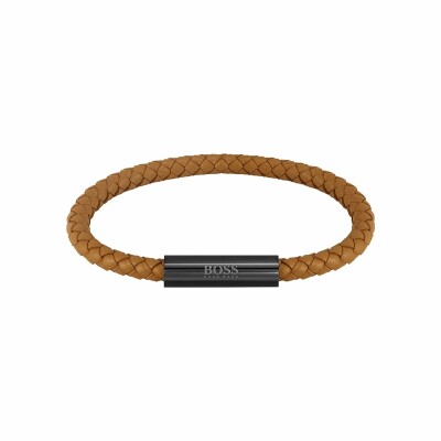 Bracelet BOSS Braided Leather en cuir orange et acier PVD