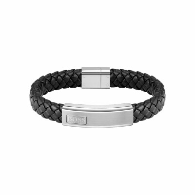 Bracelet BOSS Lander en cuir noir et acier, taille M