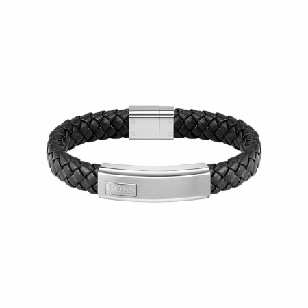 Bracelet BOSS Lander en cuir noir et acier, taille M