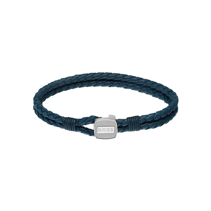 Bracelet BOSS Seal en acier et cuir bleu, taille M