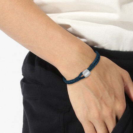 Bracelet BOSS Seal en acier et cuir bleu, taille M